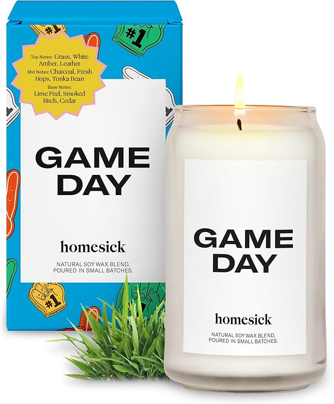 Homesick Scented Candles for Home (Game Day) - 13.75 oz Long-Lasting Soy Wax Blend Jar Candle Gifts for Women & Men, 60-80 Hours Burn Time - Notes of White Amber, Tonka Bean & Smoked Birch