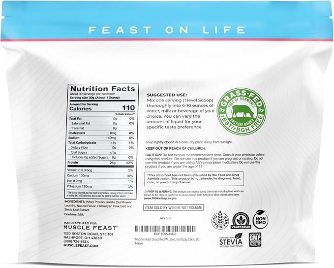 Muscle Feast Grass-Fed Whey Protein Isolate, All Natural Hormone Free Pasture Raised, Whey Isolate Protein Powder for Men and Women, Clean, Gluten-Free, Delicious Isolate Protein - Bithday Cake, 2lb