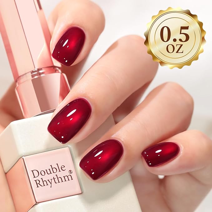 Double Rhythm Jelly Glass Cat Eye Gel Polish with Magnet 15ML Holographic Glitter Shimmer Translucent Sheer Color Magnetic Nail Polish Salon DIY at Home (Red-MC1116)