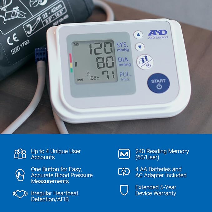 A&D Medical Multi-User Blood Pressure Monitor for Home Use UA-767FAC – Wide Range Cuff (8.6-16.5” / 22-42cm), Easy to Use, Adult Upper Arm, 60 Readings Per User (4 Users), AC Adapter, FSA/HSA Eligible