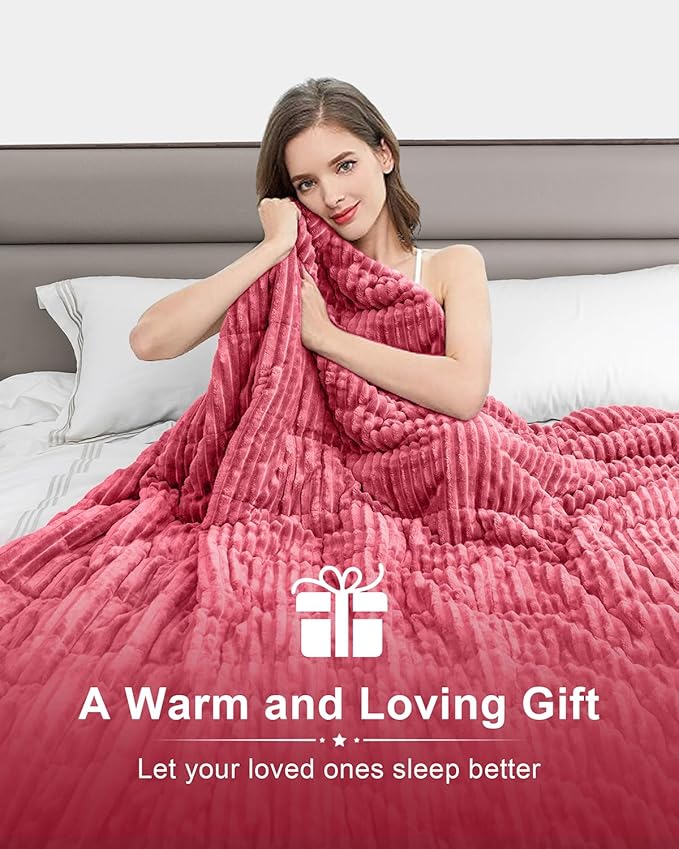 Sherpa Fleece Adult Weighted Blanket with Ribbed Stripes, 15 Pounds Dual Sided Soft Plush Blanket for Couch Bed Sofa, Heavy Thick Blankets with Ceramic Beads Great for Sleep, Peach Pink, 48" x 72"