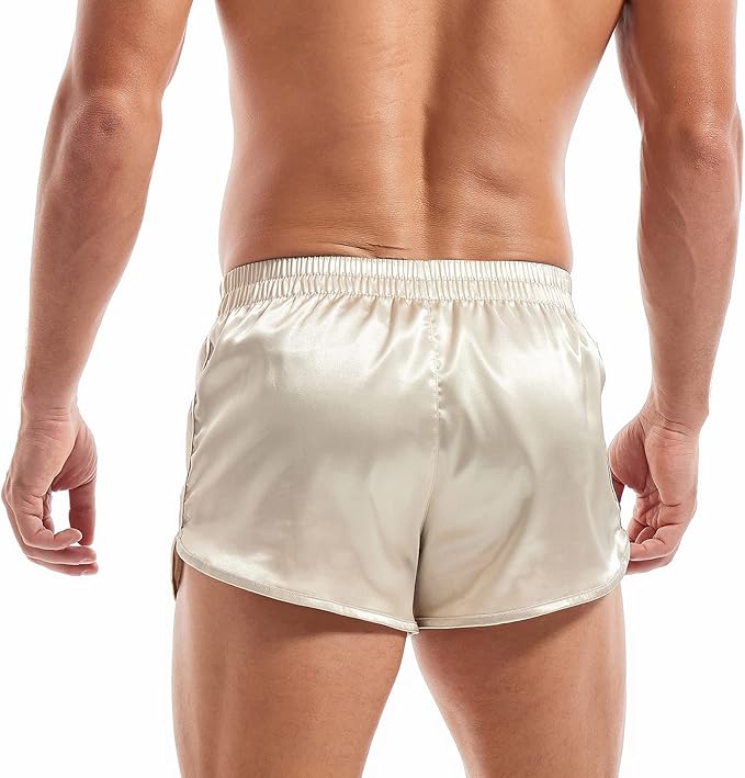 AMY COULEE Mens Satin Shorts Silk Boxers Sexy Split Side Lounge Shorts 3 Inch Pajama bottoms