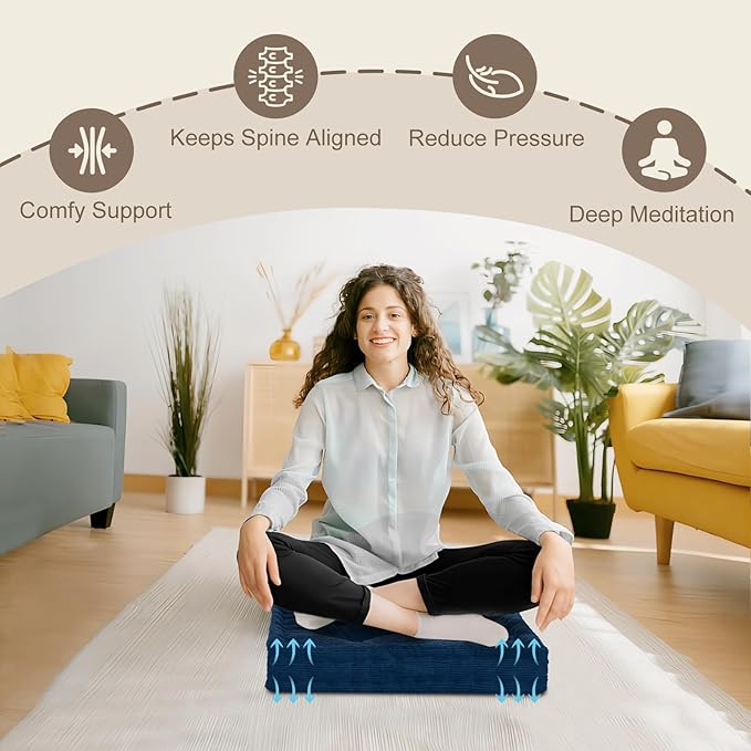 Square Floor Pillows for Adults Kids - Meditation Floor Pillow Seating Cushion - Tufted Floor Cushion with Shredded Foam & Velvet Cover, 1 Pack, 20x20 Inch, Dark Blue
