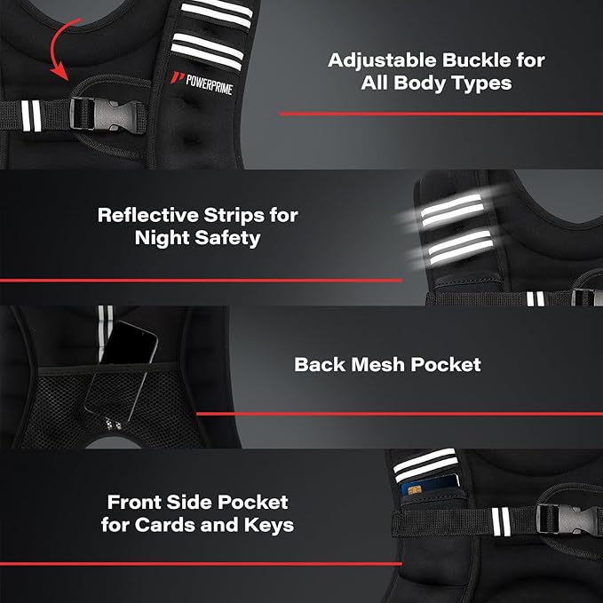PowerPrime® Weighted Vest 11 lbs (5 kg) – Adjustable, Unisex Fitness Vest for Men & Women – Neoprene Material, Reflective Strips, Mesh Pocket – Ideal for Running, HIIT, and Strength Training