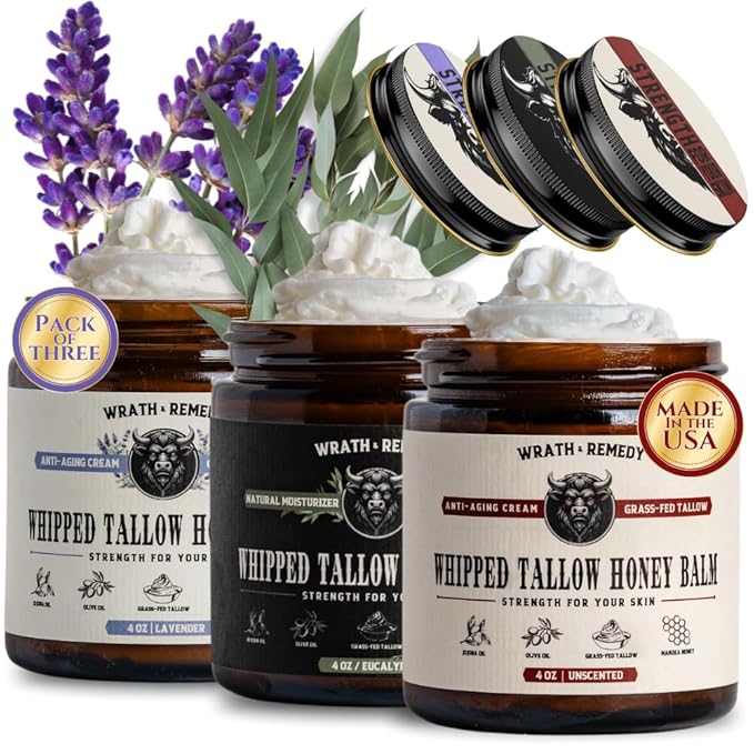Organic Beef Tallow for Skin - 4 OZ (Pack of 3) โ Grass Fed Beef Tallow for face + Body โ US-Made Whipped Tallow and Honey Balm Moisturizer for Dry and Sensitive Skin, Eczema, Rosacea (No Additives)