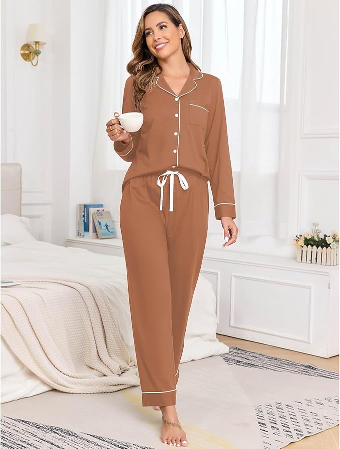 Veseacky 100% Cotton Pajamas for Women Set Long Sleeve Button Down Sleepwear Soft Pjs Lounge Sets with Pockets S-XXL