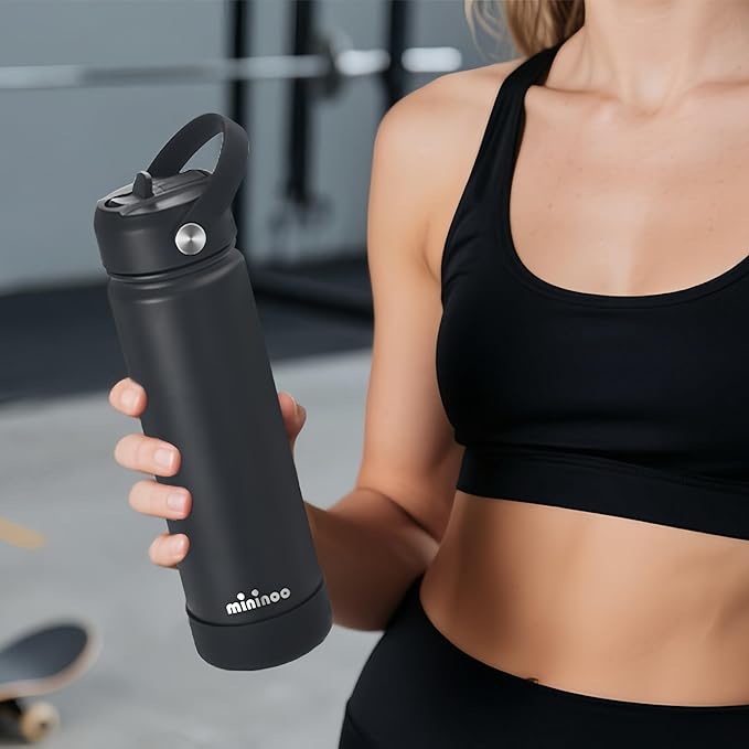 Insulated Stainless Steel Water Bottle with Straw, Ceramic-Lined, BPA-Free & Leak-Proof, 24 oz, Black