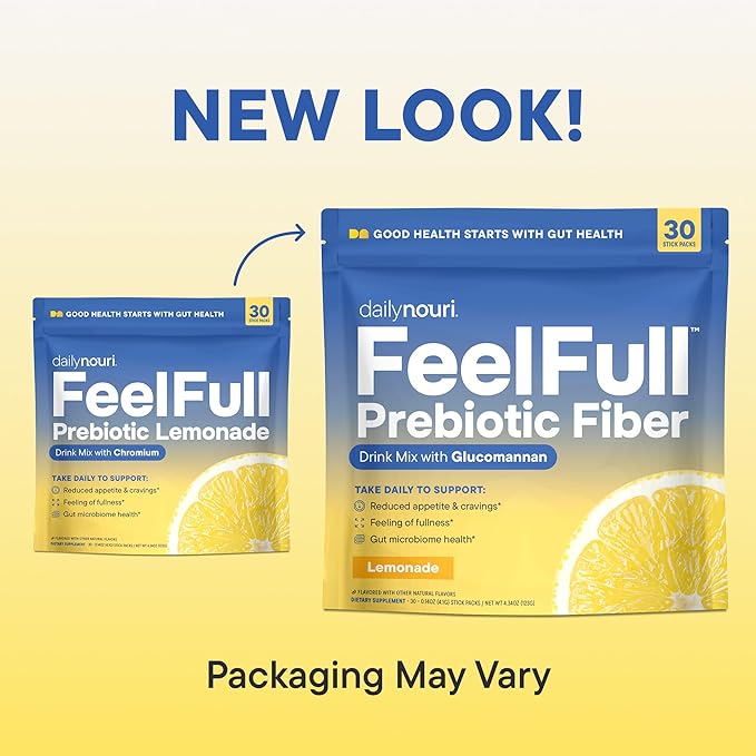 Daily Nouri FeelFull Prebiotic Fiber Drink Mix | Supports Natural Fullness, Appetite & Cravings Control, Gut & Metabolic Health | Oligofructose, Glucomannan & Chromium | 30 Stick Packs
