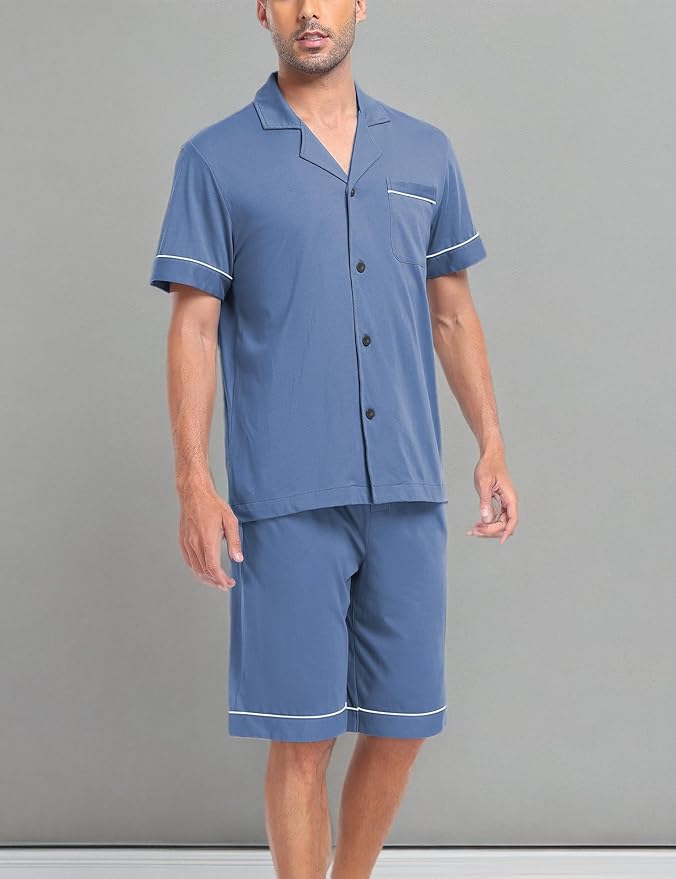 COLORFULLEAF Men's 100% Cotton Short Sleeve Pajama Sets Button Down Notched Collar Sleepwear Soft Lounge Pjs with Pockets