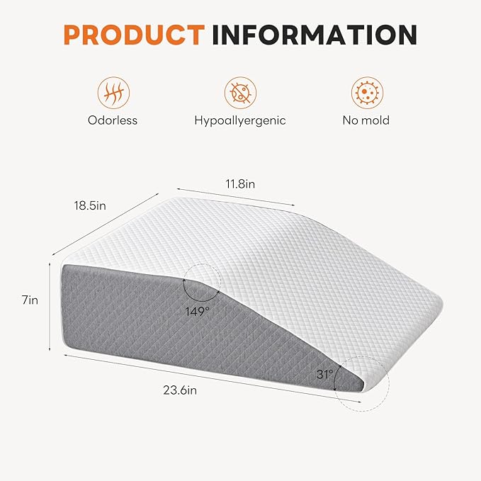 Sweetcrispy Wedge Pillow, Body Pillow for Sleep Apnea, Neck Pain Relief, Post Surgery, Sleeping Comfort, Acid Reflux, Heartburn, Back Pain Relief and Snoring, 7Inch, White& Grey