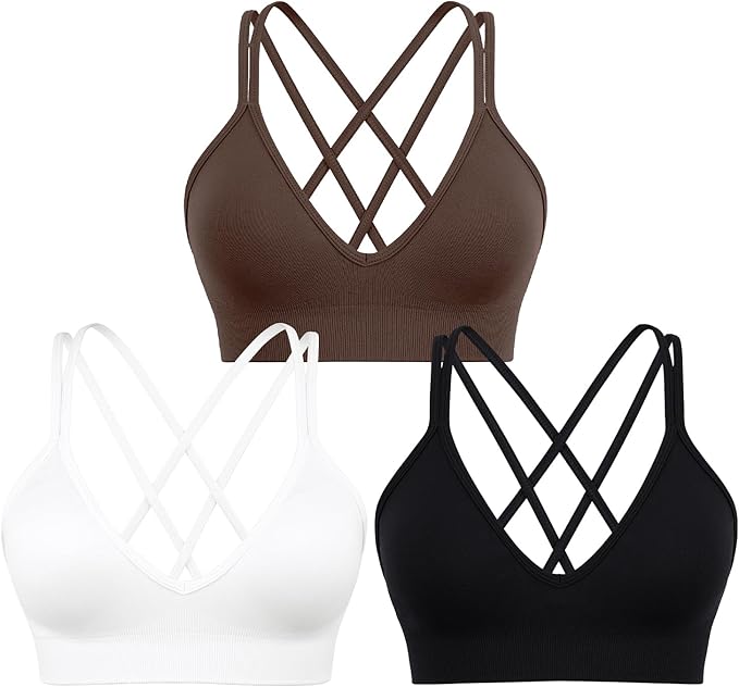 Sports Bra for Women V-Neck Strappy Criss Cross Yoga Bra Padded Medium Support Workout Gym Athletic Fitness Bras 3 Pack