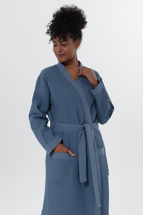 SEYANTE Women’s Luxury Waffle Shawl Collar, Hooded Robe w Piping – Lightweight, Long, Ultra Soft Spa Sleepwear Bathrobe