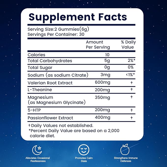 Sleep Gummies for Adults, Melatonin-Free Natural Sleep Aid with Valerian Root, L-Theanine, Magnesium & Passionflower, Star-Shaped Strawberry Gummies,Non-GMO, Gluten-Free Supplement, 60 Count