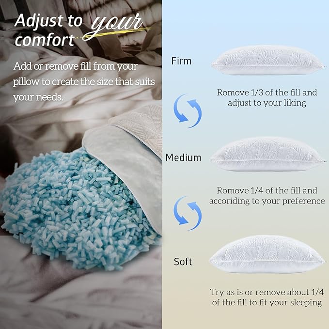 BETU Cooling Pillows Standard Size Set of 4, Shredded Memory Foam Bed Pillows,Adjustable Firm Support Cool Pillow for Neck Pain and Side Sleeping,White