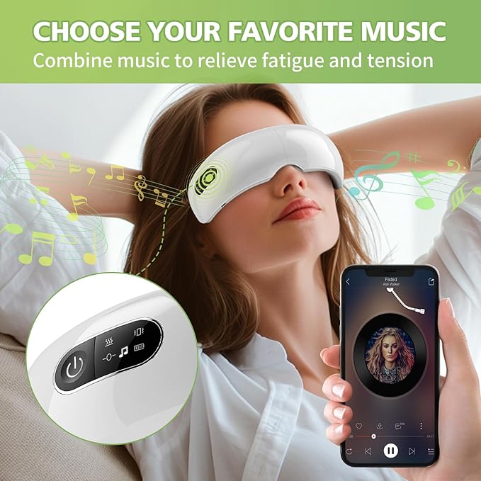 NOWWISH Eye Massager with Heat, Vibration and Bluetooth Music for Migraine Headache Eye Strain Relief, Cordless Heated Eye Mask with 4 Massage Modes, Relaxation -Birthday Gifts for Women Men -White