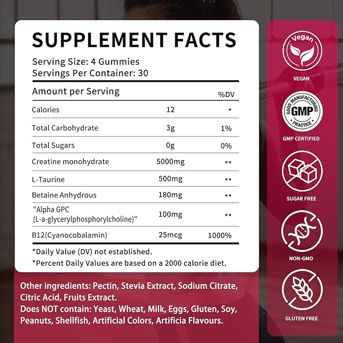 Creatine Monohydrate Gummies 5000mg for Men & Women - Sugar Free Pre-Workout Supplement, Chewables for Muscle Strength, Muscle Builder, Energy Boost, Mixed Berry Flavor, 120 Count