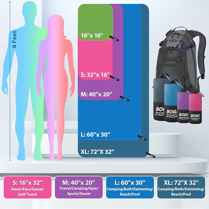 BOGI Microfiber Quick Dry Travel Sports Towel, Blue, 60"x30"+16"x16"