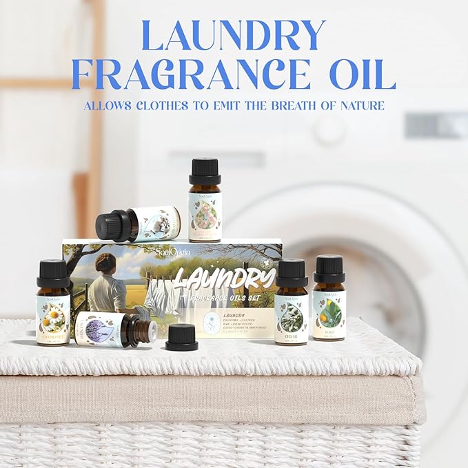 Laundry Fragrance Oils Set, Essential Oil Gift Set for Diffuser, Clean Scent Diffuser Oil, Use with Wool Dryer Balls or Diffuser,Chamomile, Fresh Cotton, Sage, Cedar, Lavender, Cherry Soap