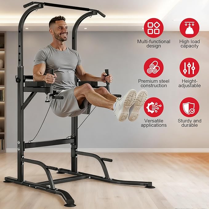 Power Tower Pull Up Bar Dip Station for Home Gym, Adjustable Height Strength Training Equipment with Resistance Bands and Grip Rope