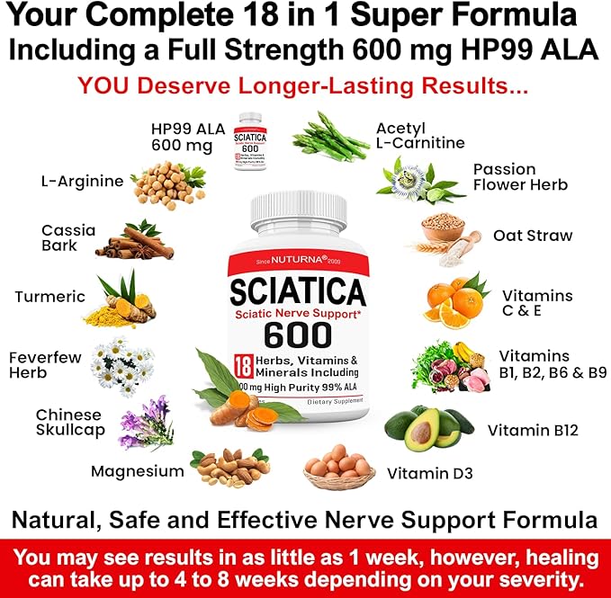 Sciatica Nerve Relief Supplement with 600 mg Alpha Lipoic Acid - Maximum Strength ALA Sciatic Support for Feet, Hands, Fingers, and Legs - Ultra Potent 18-in-1 Natural Nerve Vitamins - 120 Capsules