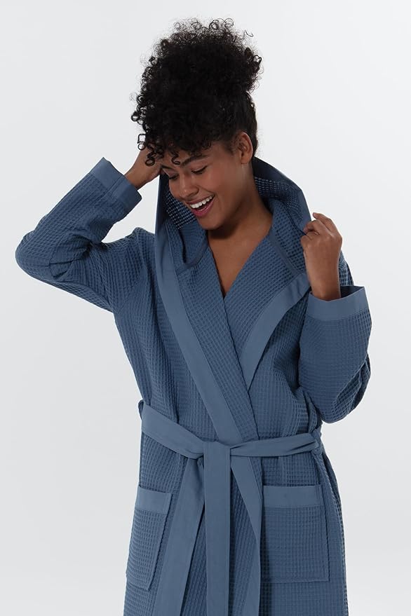 SEYANTE Women’s Luxury Waffle Shawl Collar, Hooded Robe w Piping – Lightweight, Long, Ultra Soft Spa Sleepwear Bathrobe