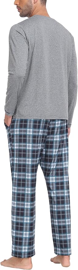 MoFiz Men's Pajamas Plaid Sets Sleepwear Sleep Long Sleeve Shirts and Pants Pajama Set Soft Mens Pjs Lounge Set with Pockets