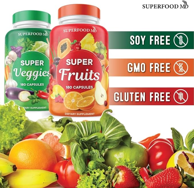Superfood Fruit and Veggie Supplement - 360 Whole Super Fruit and Vegetable Supplements & Vitamin with Olive Leaf, Soy Free- 180 Count (Pack of 2)
