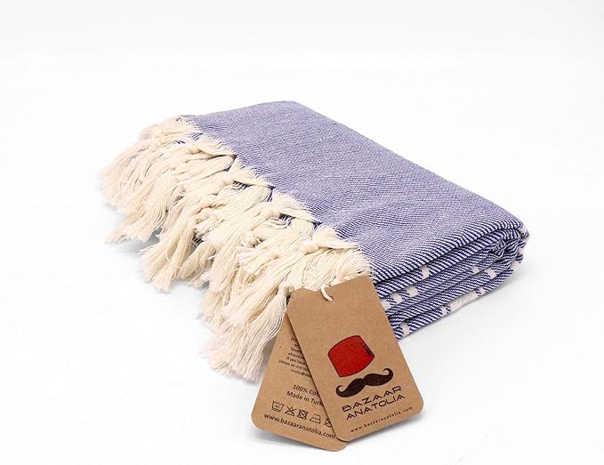 Bazaar Anatolia Turkish Beach Towel – 100% Cotton, Quick Dry, Sand Free Towel for Bathroom, Camping, Travel, Royal Navy – Oversized 71x39 Inches – Stripe Dark Blue