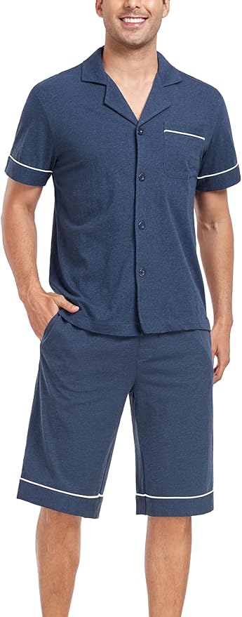 COLORFULLEAF Men's 100% Cotton Short Sleeve Pajama Sets Button Down Notched Collar Sleepwear Soft Lounge Pjs with Pockets