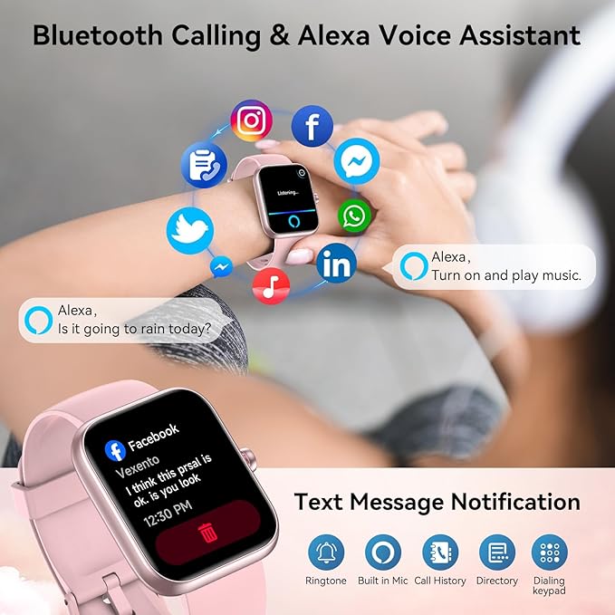 Smart Watch with Alexa Built-in, 1.83" HD Touchscreen & Fitness Tracker with Message Call Function, 24/7 Heart Rate/Sleep Monitor, 120+ Sport Modes, IP68 Waterproof, for Android iPhone (Pink)