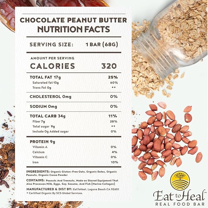 EatToHeal Chocolate Peanut Butter Real Food Bar - Organic Vegan Healthy Gluten Free Protein Bars - Low Sugar Meal Replacement Bar, Non GMO, Never Baked, Plant Based - Crafted to Enjoy