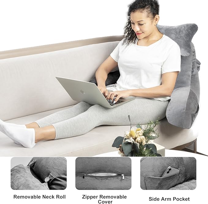 SLIGUY Reading Pillow for Sitting in Bed Couch Adult, Back Pillow with arm Support and Pockets, Adult Back Pillow Bed Chair for Bed Rest, Reading, Watching TV, Gaming for Boys and Girls Light Grey