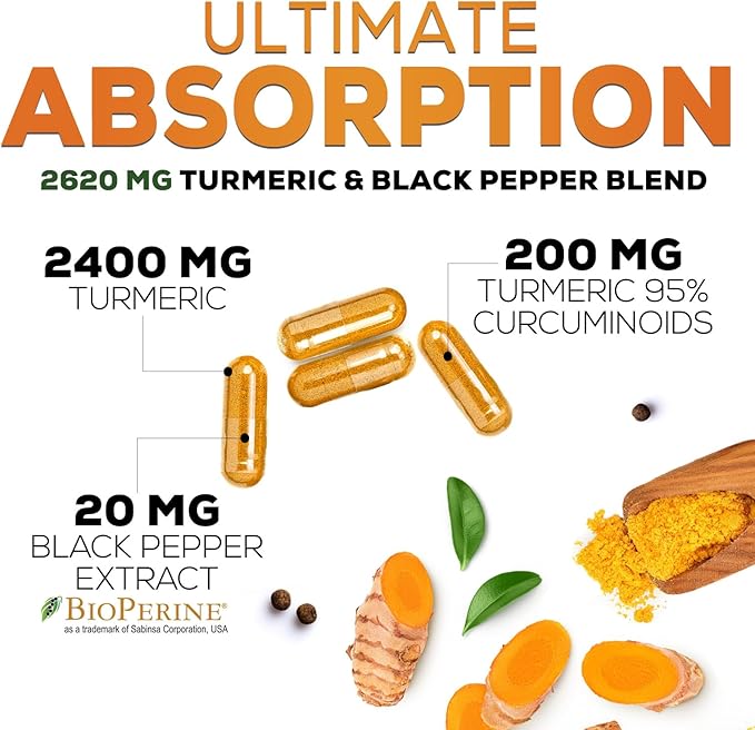 Turmeric Curcumin Supplement 2600mg - 95% Curcuminoids with Organic Turmeric & BioPerine Black Pepper Extract for Best Absorption, Natural Vegan Joint Support, Non-GMO, Bottled in USA - 240 Capsules
