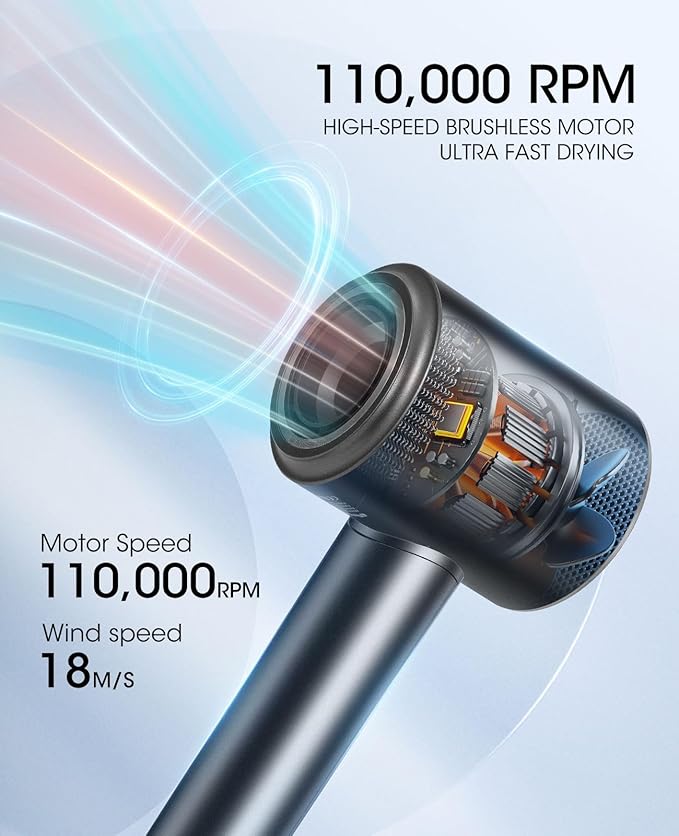 Hair Dryer,110000 RPM High-Speed Brushless Motor for Fast Drying Quiet Compact Hair Blow Dryer with Magnetic Diffuser for Curly Hair for Home Travel Salon #200Black