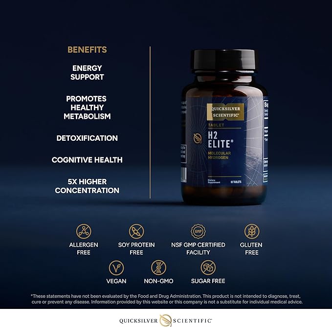 Quicksilver Scientific H2 Elite - Molecular Hydrogen for Energy + Metabolism Support, Water Tablets Perfect for Open Containers - Magnesium Malate Drink Additive (60 Molecular Hydrogen Tablets)