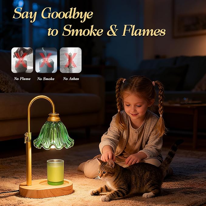 Candle Warmer Lamp with Adjustable Height - Flameless 4-Level Dimmable Wax Warmer with Colorful Glass Shade & Wooden Base, Timer Function & Stylish Design in Multiple Colors (Green)
