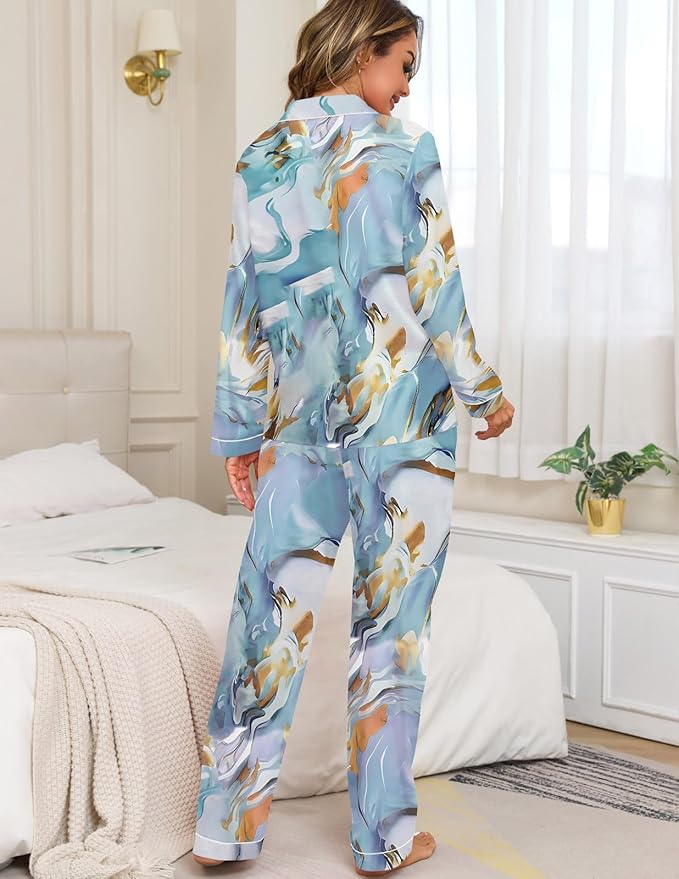 Veseacky Womens Satin Pajama Set Silk Pjs Button Down Long Sleeve Sleepwear Loungewear Sleepwear 2 Piece Pjs Set S-XXL
