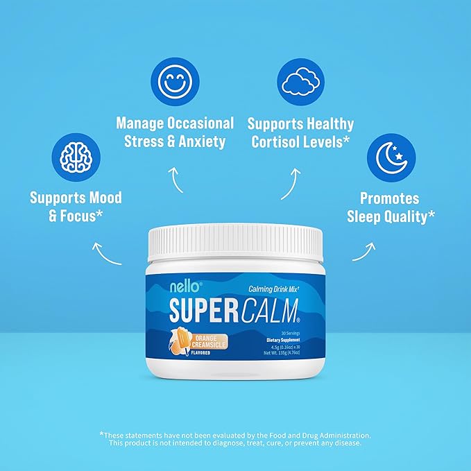 Nello Supercalm Powdered Drink Mix, Orange Creamsicle, L Theanine, Ksm-66 Ashwagandha, Magnesium Glycinate, Vitamin D 3, Supplements for Relaxation & Focus, Natural, No Sugar, Non GMO, 30 Srvgs