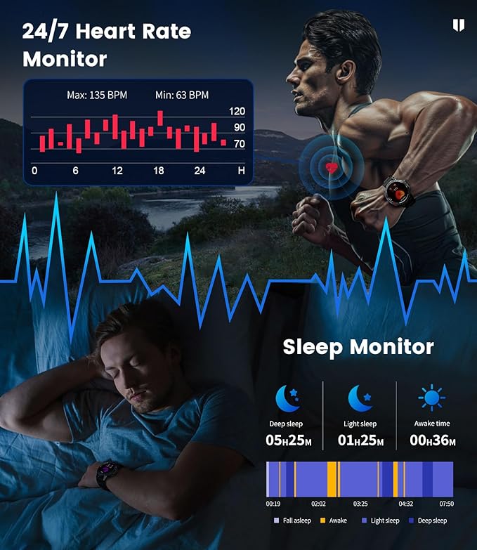 LIGE 1.43" AMOLED Smart Watch for Men with Flashlight, Bluetooth Calling, 100+ Sport Modes, 530mAh, IP68 Waterproof Fitness Tracker for Workout, iOS Android Compatible, Black Steel Leather