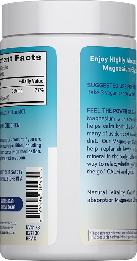 Natural Vitality Calm, Magnesium Glycinate Supports Bone, Muscle, Heart, & Nerve Health, Non-GMO, Vegan, Gluten Free 180ct
