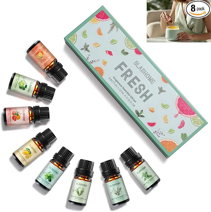Fresh Essential Oils Set – 8 Pcs Uplifting Aromatherapy Oils for Diffuser | Purifying Scents for Home,Fragrance Oil for Candle, Aromatherapy Gift Set | Lemon, Peppermint, Rosemary, Eucalyptus & More