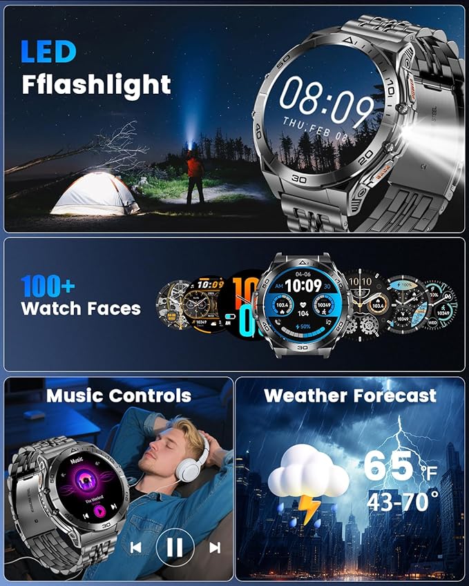 Military Smart Watch for Men with LED Flashlight, 1.60″ AMOLED Always-On Display, 600mAh (5–10 Days), Bluetooth Call, IP68 Waterproof, Heart Rate/Sleep/SpO₂, 170+ Sports Modes, for Android iPhone