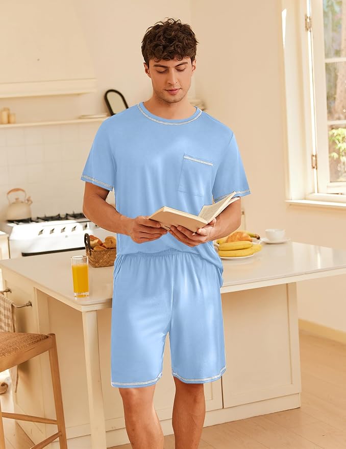 Ekouaer Men's Pajamas Set Casual Short Sleeve Shirts and Shorts Soft 2 Piece Loungewear With Pockets