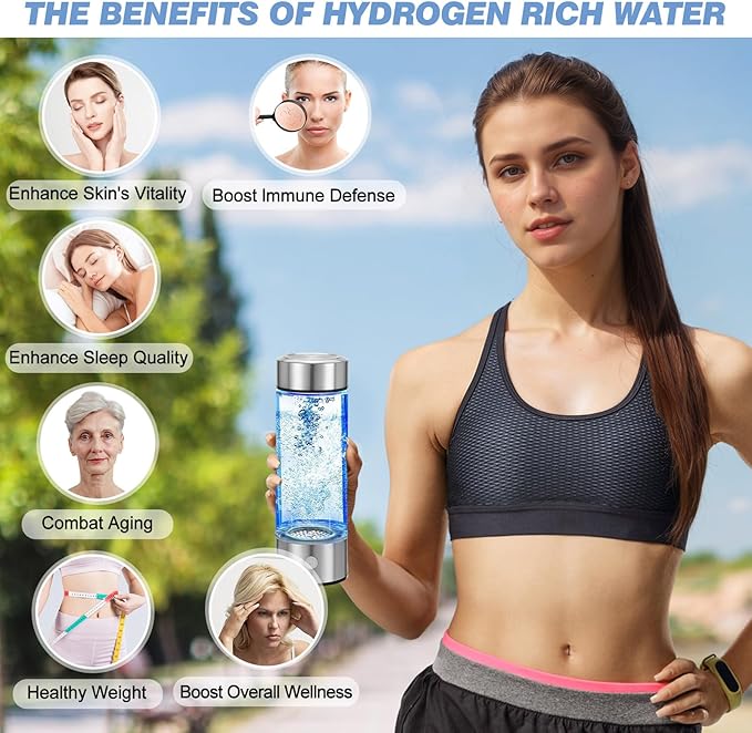 2025 New Hydrogen Water Bottle, Rechargeable Hydrogen-Rich Water Generator Machine with SPE PEM Technology,for Home Office Travel Fitness Drinking, Portable, Glass, Stainless Steel, 450ml