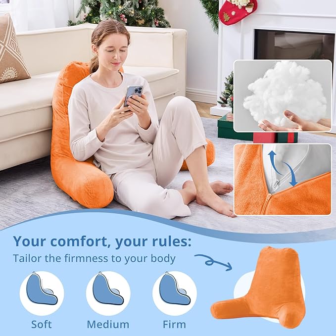Sasttie 25-inch Reading Pillows for Sitting in Bed Adult, Jumbo Velvet Back Pillow Bed Sitting Up, XL High Back-Rest Support Cushion for Sit Up on Couch & Floor, Oeko-Tex Certified, Orange