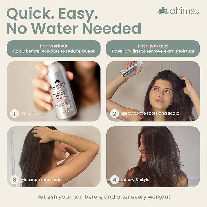 Ahimsa Non Aerosol Dry Shampoo Mist Spray 120ml - Post Workout Dry Shampoo Spray for Women Natural No White Residue, Volumizing Refreshing Hair Care, Effectively Absorbs Oil and Sweat, Jasmine Aroma