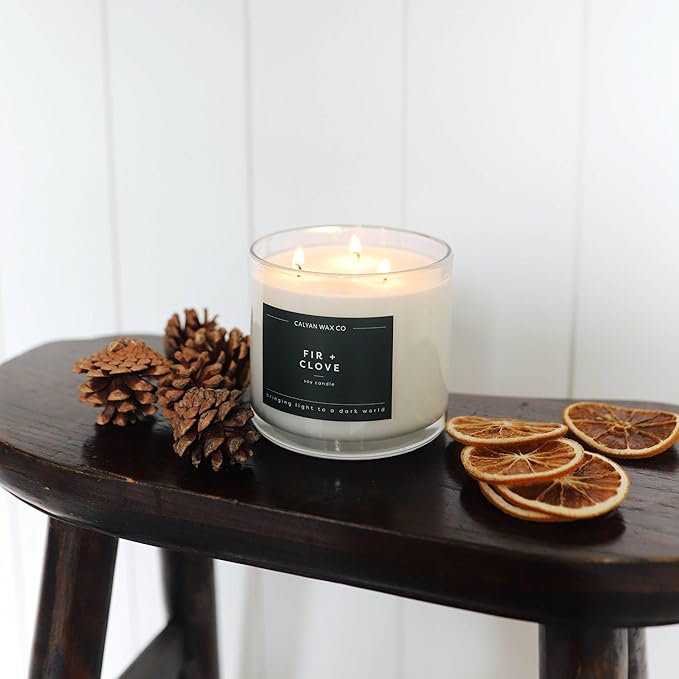 Calyan Wax Co. 3 Wick Candle, Fir + Clove Scented Candle, 43 Hour Burn Time, 3 Wick Soy Candles, Non Toxic & Vegan Soy Wax, Glass Jar Holiday Scented Candles, 14.9oz