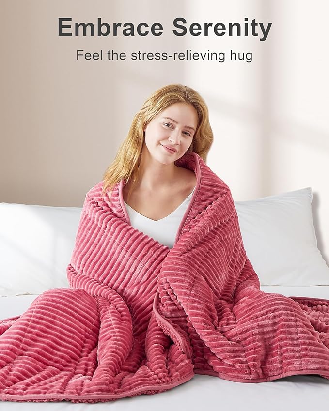 Sherpa Fleece Weighted Blanket with Ribbed Stripes for Adults, 15 lbs Dual Sided Cozy Warm Blanket for Couch Full Size Bed, Ceramic Beads Heavy Thick Blankets Great for Sleep, Peach Pink, 60" x 80"