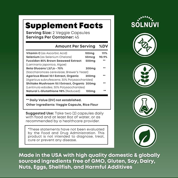 Beta Glucan & Fucoidan Brown Seaweed Extract - L Glutathione, Shiitake, Agaricus Blazei Mushroom, Vitamin C - Immune, Cellular, Healthy Aging Support - 90 Capsules, Non GMO, Gluten Free Supplement