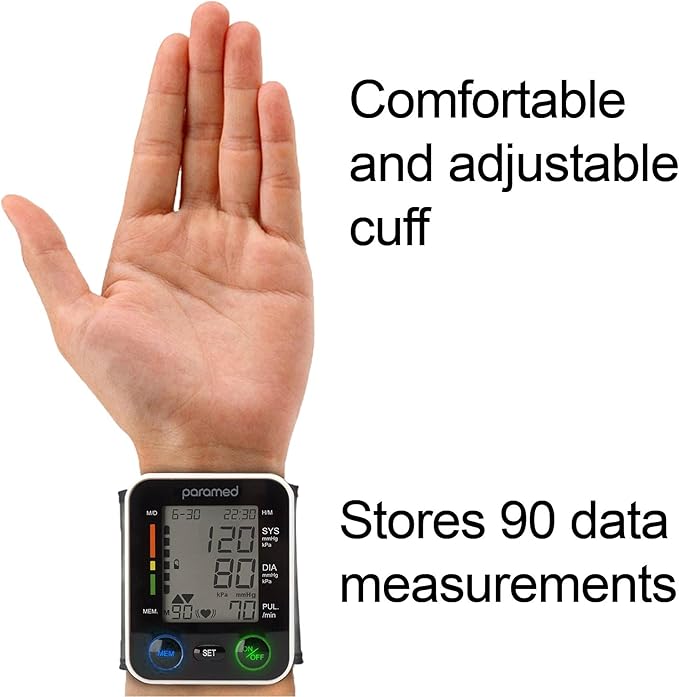 PARAMED Automatic Wrist Blood Pressure Monitor: Blood-Pressure Kit of Bp Cuff + 2AAA and Carrying case - Irregular Heartbeat Detector & 90 Readings Memory Function & Large Display